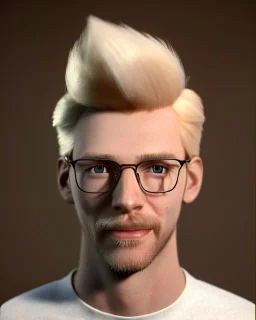 a tall guy who is skinny and scrawny with blond hair and blond beard. his hair is to the left side and he wears glasses. he is wearing a white t-shirt, black jeans and has straight teeth and brown shoes