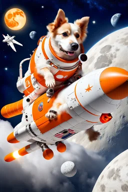 white and orange dog flies to the moon on top of the a rocket