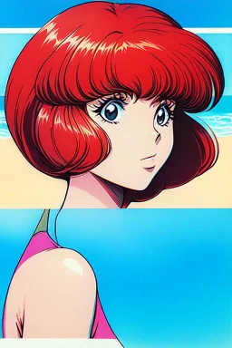 1girl, retro anime, 80's, redhead,portrait, synth-wave colors, beach