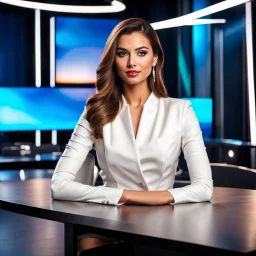 amodern tv studio a beautiful girl perfect face sitting next to desk in talk show looking at camera