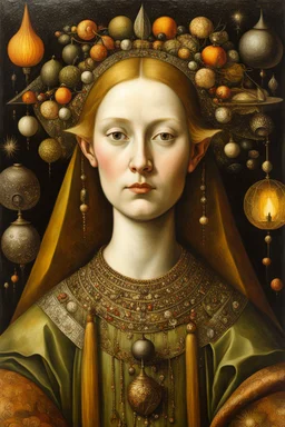 a Dutch Renaissance era oil painting of an otherworldly, richly adorned sorceress , highly detailed facial features, in the style of Pieter Brueghel, Jan van Eyck, and Hieronymus Bosch, aged canvas, craquelure finish, archaic masterpiece, 4k