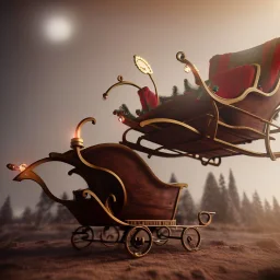 steampunk sleigh filled with christmas presents, 4k, highly detailed, cinematic, ultra photorealistic, ultra realistic, volumetric lighting