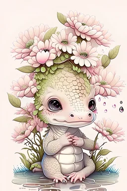 cute baby alligator, cherry blossoms, adorable nursery room decor, beautiful digital art, cute nursery art, intricately detailed Jody Bergsma, painting, hyper realistic, full image, very rendered polished perfect, intricate detail, illustration, cartoon style, kawaii chibi, cartoon, cg society, white background