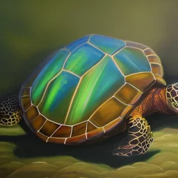 Oil painting style turtle and aurora