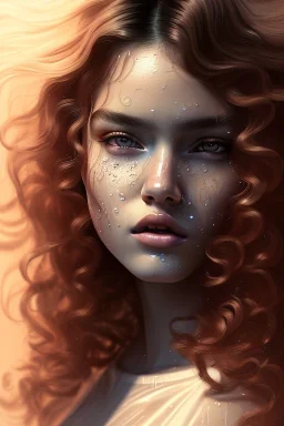 1970's porno model, cute, big droopy eyes, pouty wet lips, angelic face with minor blemishes, beautiful, long orange flowing hair, wavy hair, curly hair، black eyes, head and shoulders portrait, cinematic, misty atmosphere, 8k, resolution concept art portrait by Greg Rutkowski, Artgerm, WLOP, Alphonse Mucha dynamic lighting hyperdetailed intricately detailed, bokeh, Stunning 8k ektar film scan, rim light, volumetric lighting