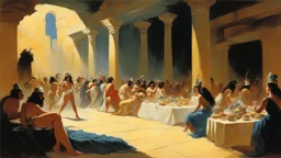 [art by Frank Frazetta] a greek party in the basement of a palace in Babylon: music, dancers, beds, food, smiling kinds and queens