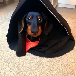 Make a disney style picture for my puppy with a blanket on her head. realistic disney setting, black and tan dachshund