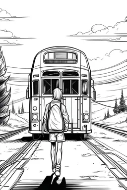 Outline art, no shading, bus full body on the road, cartoon style, black and white, low detail, --ar 9:11