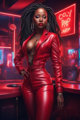 Create a digital airbrush of a black curvy female wearing a red leather suit with red heels. Prominent make up with brown eyes. Highly detail black shiny dread locs that flow down her back. Extra-long diamond hoop earrings and jewelry. Background of a night club with neon signs.