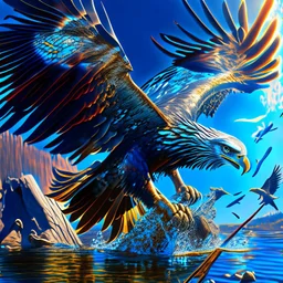 Aguila pescadora con pez grande en sus garras, intrincada, hiperdetallada, arte digital, fotorrealista, colores contrastantes, sombras, clima soleado, cielo azul claro, 8k