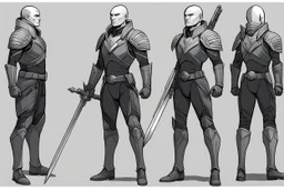 (Star Trek Lore) a Kazon aggressive warrior with his traditional equipment ## Layout & Perspectives Arrange strictly from left to right in the order of “front, side (either left or right), back” horizontally. The character's height, head-to-body ratio, shoulder width, and other skeletal proportions must be perfectly aligned horizontally across all three views, with strictly consistent sizing. ## Character Consistency Across all perspectives, the character's face shape, facial features, ha