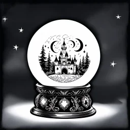 Make black and white cute drawing of a Crystal Ball with black bold lines. Only outline, no grayscale. A glowing crystal ball sitting on an ornate stand decorated with crescent moons and stars. Inside the ball, show a swirling magical scene like a forest, castle, or mysterious symbols.