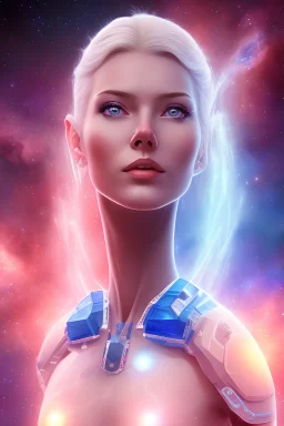 young woman cosmic admiral from the future, one fine whole face, large cosmic forehead, crystalline skin , expressive blue eyes, blue hair, smiling lips, very nice smile, combinaison spatiale pleiadian ,sourire, belles couleurs arc en ciel