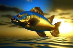 gigantic golden blue fish jumping out of the sea and then, caught in the motion as it ascends into the water. The time of day is night.