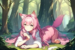 Forest, girl, pink hair, dog tail, sit on all fours, fur on foot and hand, paw