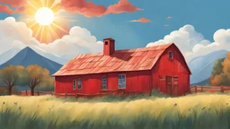 Children's book illustration of a red barn with a blue sky and the sun and clouds with mountain in the background
