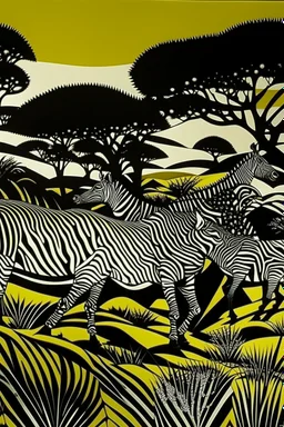 A dark gray yellowish brown rocky grassland savanna with zebras painted by Roy Lichtenstein
