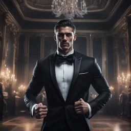 Hyper Realistic close-up-view-of-handsome-muscular-man-in-black-tuxedo dancing with a female-ghost inside a super-dark-fancy-hall-of-a-mansion with creepy flying-ghosts behind showing dramatic & cinematic ambiance