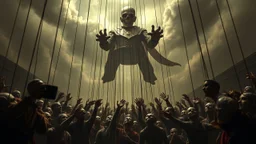 a corrupt government looms above, pulling the strings of hundreds of puppets below, the news broadcasts the puppets' suffering everywhere, dystopian, dread, horror