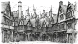 Ground-level black-and-white outline sketch of Diagon Alley, houses, and shops, with tall, crooked roofs and chimneys