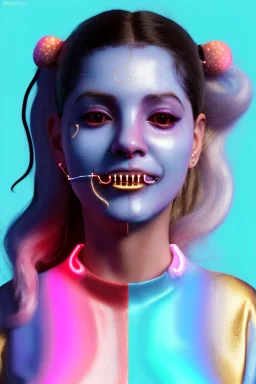 Ultra Realistic image, Rosalía artist, smile portrait, waist up portrait, long black eye line, sweet face, gold pink and blue geisha style, spray glow make up, led lights, neon, led piercing nose, gold teeth, led ornament, fog, oversized bubble latex coat, vibrant color, highly detailed, art stations, concept art, smooth, unreal engine 5, god rays, ray tracing, RTX, lumen lighting, ultra detail, volumetric lighting, 3d, finely drawn, high definition, high resolution.