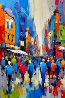 Peoples Bussy Demonstration city street in abstract expressionist painting in vivid colors, thick impasto brushstrokes, spontaneous drips and splatters, texture and movement, explore emotions and ideas through non-representational forms --v 5.2