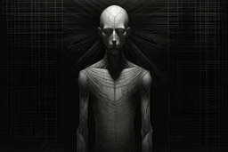 monochrome, cardboard figure on the left of the picture, stocky human figure with a head tilted to the left, almost no neck, no face or hair, schematic drawing, against a dark grey background with a symmetrical pattern, a lighter grey, almost monochrome, in moonlight, crayon drawing in shades of grey and black, ethereal, cinematic postprocessing