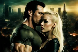 Jason David Frank as very muscular dark haired man hugging pretty blond haired woman, photo realistic, dark fantasy, cityscape