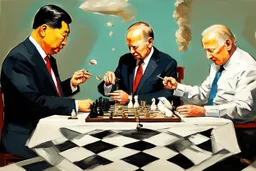 Putin, President Xi Of China And Joe Biden Play Chess With A Pigeon,Ufo And Atomic Bomb Mushroom Cloud,Complex Surgical Instruments Intermixed With A Newborn Boy,Minimalism,Painting By Adrian Ghenie,Rene Magritte,Pablo Picasso,Michelangelo,Salvador Dali,Lucian Freud