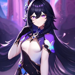 Clear focus,High resolution, Black long fluffy hair, and purple eyes, wearing a Genshin Impact Inspired Outfit,Detailed Clothes,A barely revealing, must wear a short skirt, Mad, eyes glowing purple, lighting in the bg, lighting coming from hand