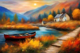 Colorful autumn landscapes in the style of expressionist paintings contemplating oil paintings, Van Gogh, Klimt, Renoir Bokeh beautiful dreamy view of Van Gogh Yossi Kotler art