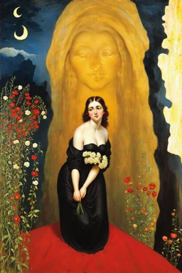 Night, one woman, flowers, vegetations, gothic horror films influence, creepy, depressive, gloomy, witch influence, arnold bocklin, and henry fuseli paintings