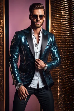 Full body Real photography handsome man super model European on fashion style dressing luxury jacket diamonds patterns,sunglasses,turn on music DJ player in disco club