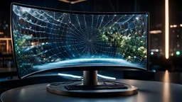 Ultra-realistic prototype curved computer monitor made of experimental touch-screen glass, displaying a complex, masterpiece digital spider web ecosystem, sitting on a futuristic desk, at night, dimly lit cinematic background.