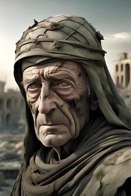 imagen con gran plano general de persona anciana con la cara cubierta con turbante estilo arabe , con armadura desgastada romana, mostrando un fondo de ciudad destruida por la guerra