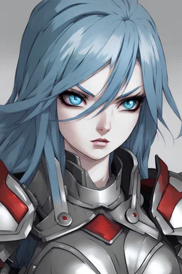 a beautiful woman wearing armor, looking at the camera, angry, blue eyes, blue hair, armor with gray and red colors, anime artstyle, close up, a bit of blood on his face, longe hair, furious expression, persona 2 artstyle