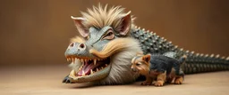 crocodile hog pig mustache man with fluffy hair, doing dog things and eating small dog
