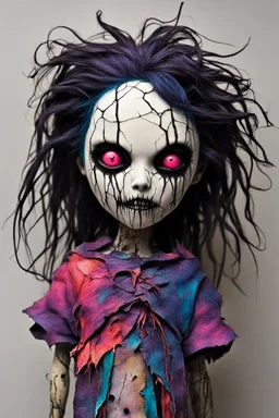 full color, illustration of a dark, menacing, monster girl, as a decayed, broken, crude homemade cloth doll toy, with a narrow cracked porcelain face, thick dark eyebrows, hair made from ragged strips of cloth, in the style of Brom, Alex Pardee, Tim Burton, and Masahiro Ito, bold vibrant color