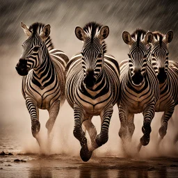 A group of majestic zebras running through a dramatic thunderstorm, with lightning flashing in the sky and rain pouring down around them. The image should capture the intense energy and beauty of this moment.