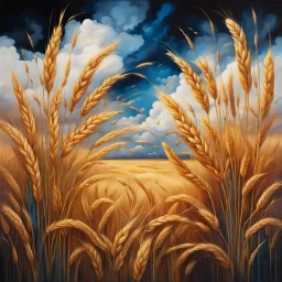 Create an abstract landscape painting of golden stems of wheat with the backdrop of a cloudy sky. Multiple vivid alcohol ink splashes and streams Modifiers: elegant intricate beautiful high detail fantastic view high definition James Jean Dark background Mark Ryden style very high definition dramatic composition glossy deep emboss