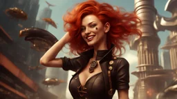 A photorealistic image of a red-haired, slender, witchy woman, winking and smiling, in a one-piece steampunk outfit with boots, walking through a futuristic city with flying machines.
