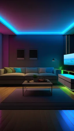 Illustrate a dynamic living room with color-changing LED lights, showing different hues to represent various atmospheres for different occasions.
