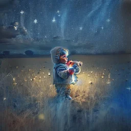 toddler with teddy bear in a field at night with lots of stars, looking at an apparition in the sky