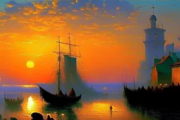 a medieval town by the sea at sunset by artist "Ivan Constantinovich Aivazovsky"