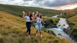 a group of young ladies in sports pants and blouse are dancing to camera in high grassy hills,a small fall and river and wild flowers at river sides, village houses,some trees ,cloudy sun set sky