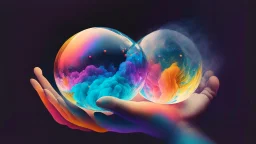 Chrystal ball to look into the future, hands around the ball, smoke appearing inside the ball, pink, dark blue, orange, yellow, aqua blue, very detailed and realistic, ilustration