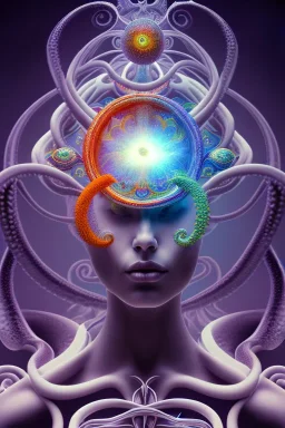 Spiritual being with Tentacles over human Head creating reality around, wrapping Spiral around Human life, Psychedelic