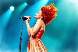 full figure, red curly hair upswept gorgeous singer on a stage in front of a microphone, sleeveless rose gold shiny silk long dress, the dress goes down to bluish green, photorealistic watercolour