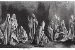 Council of cloaked people gatherd around a fire, Dark atmosphere