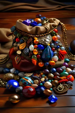 Tribal pouch spilling out gemstones Fantasy